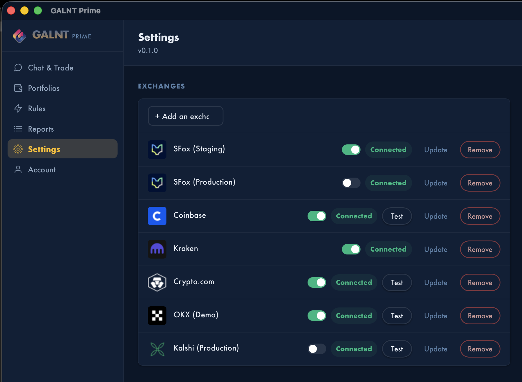Settings → Exchanges — adding an exchange