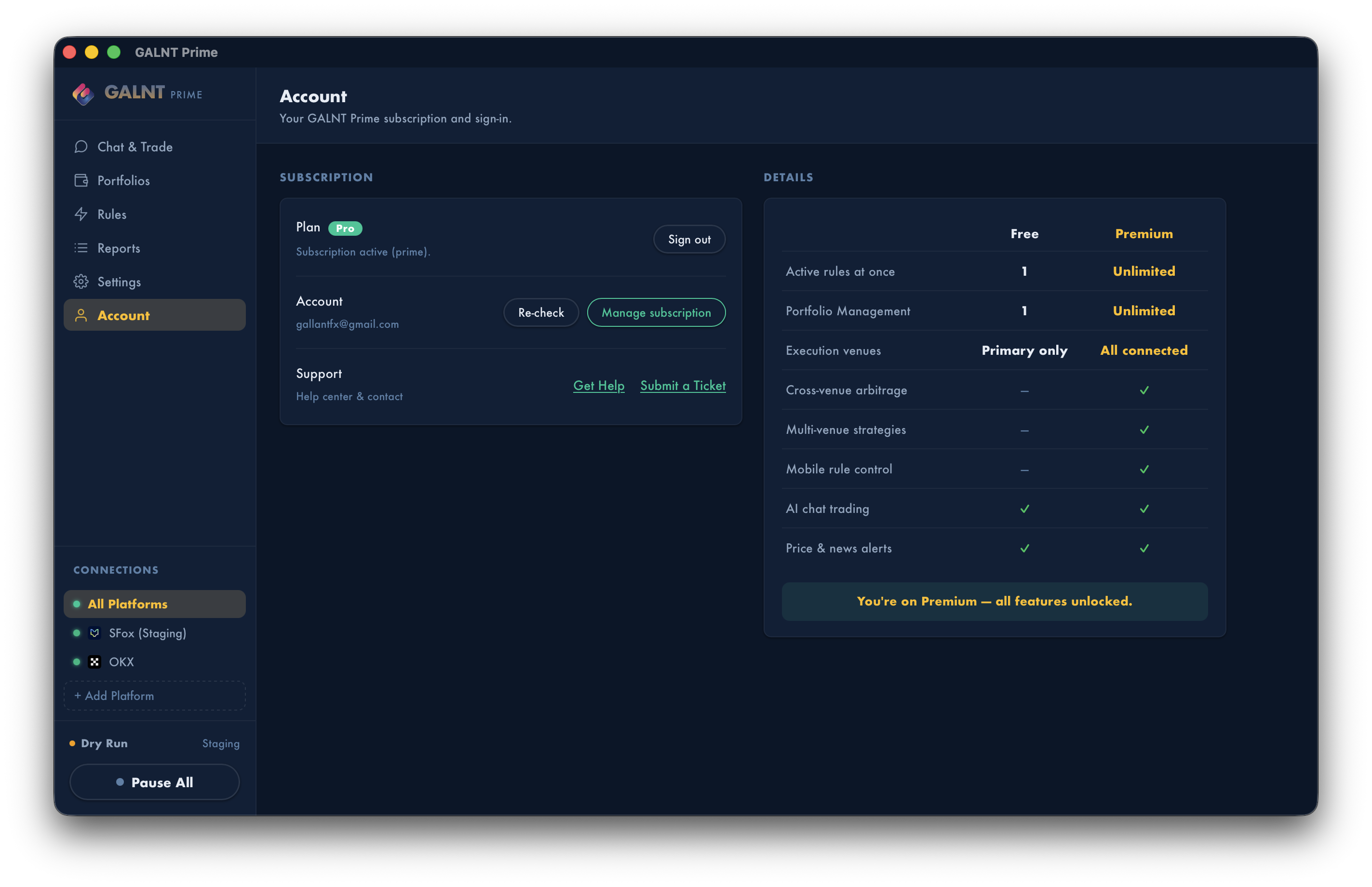The Account page with the plan comparison